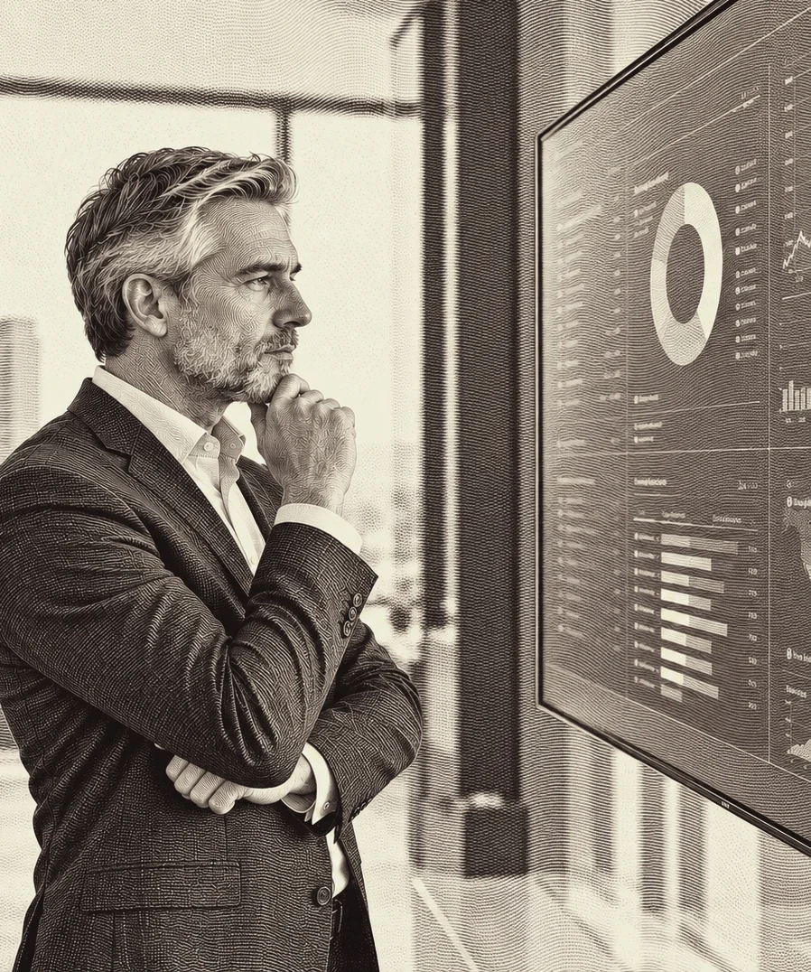 Advisor reviewing portfolio analytics on a wall display