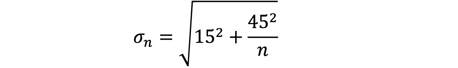 Theta sub n is equal to the square root of 15 squared plus 45 squared divided by n